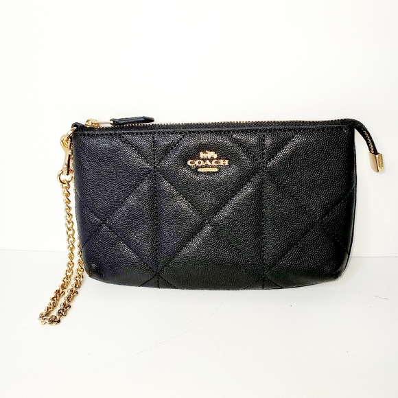 Coach Handbags - Coach Black Quilted Leather Wristlet w Gold Chain